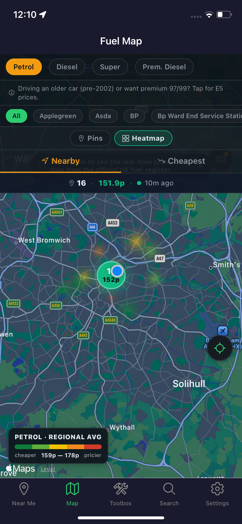 FuelUK heatmap showing regional fuel-price intelligence on the map view